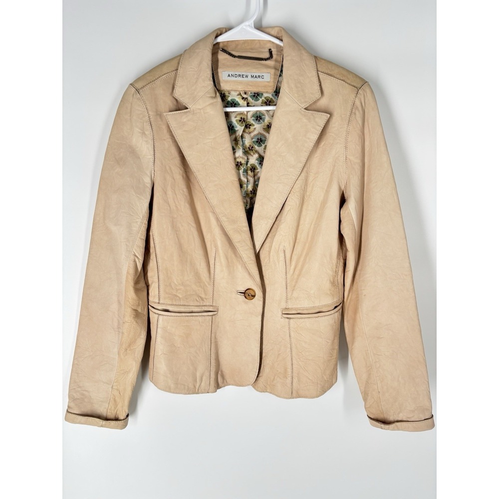 Y2K Andrew Marc Womens Leather Blazer Sz M Fitted Single Button Soft Minimalist